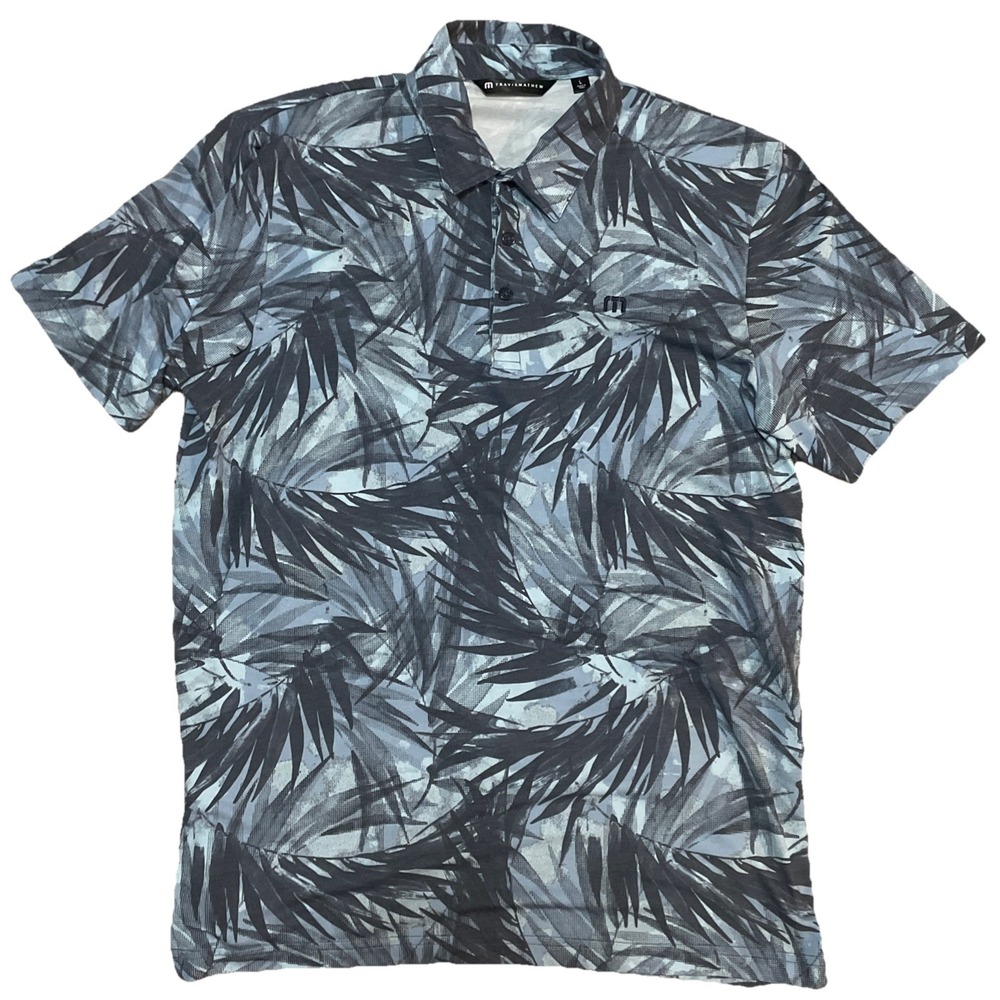 Travis Mathew Polo Shirt Mens Size Large Blue Hawaiian Theme Golf Short Sleeve